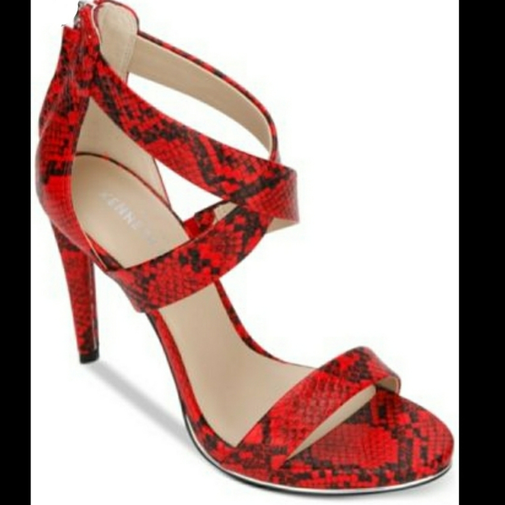 Kenneth Cole Red Snake Print Open Toe Heels